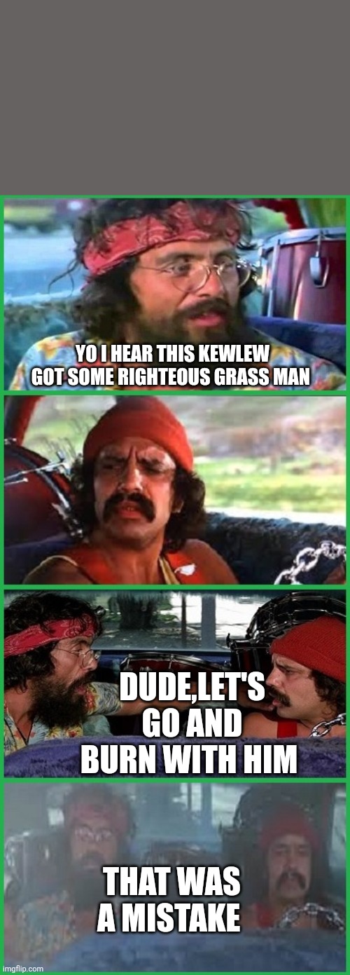 Cheech and Chong | YO I HEAR THIS KEWLEW GOT SOME RIGHTEOUS GRASS MAN DUDE,LET'S GO AND BURN WITH HIM THAT WAS A MISTAKE | image tagged in cheech and chong | made w/ Imgflip meme maker