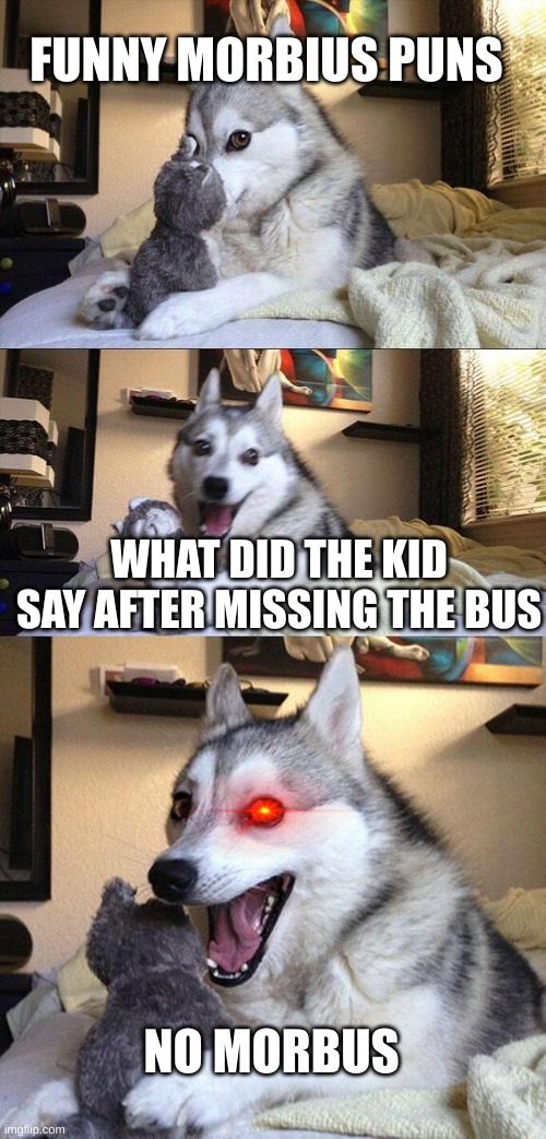 kracc bacc | FUNNY MORBIUS PUNS; WHAT DID THE KID SAY AFTER MISSING THE BUS; NO MORBUS | image tagged in memes,bad pun dog | made w/ Imgflip meme maker