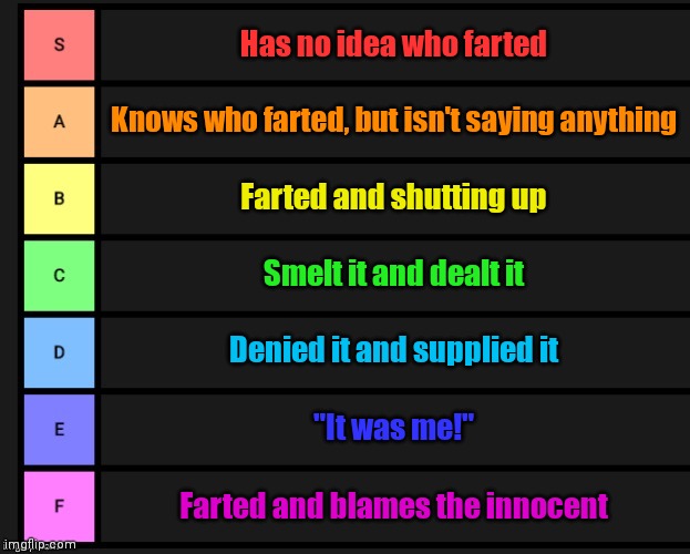 Who farted? | Has no idea who farted; Knows who farted, but isn't saying anything; Farted and shutting up; Smelt it and dealt it; Denied it and supplied it; "It was me!"; Farted and blames the innocent | image tagged in tier list | made w/ Imgflip meme maker