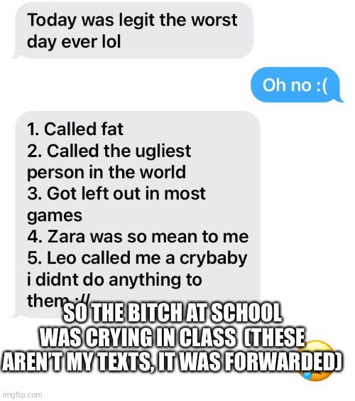 SO THE BITCH AT SCHOOL WAS CRYING IN CLASS  (THESE AREN’T MY TEXTS, IT WAS FORWARDED) | made w/ Imgflip meme maker