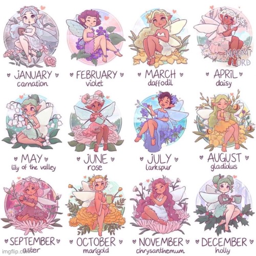 Birth month fairies! (Art by Naomi lord) | image tagged in fairy,birth month | made w/ Imgflip meme maker