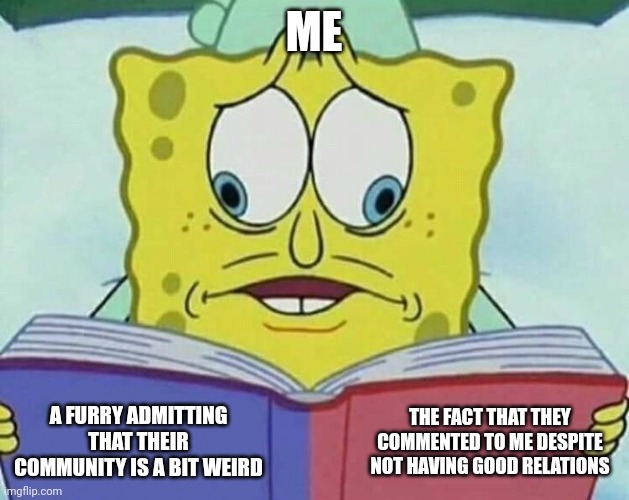 cross eyed spongebob | ME A FURRY ADMITTING THAT THEIR COMMUNITY IS A BIT WEIRD THE FACT THAT THEY COMMENTED TO ME DESPITE NOT HAVING GOOD RELATIONS | image tagged in cross eyed spongebob | made w/ Imgflip meme maker