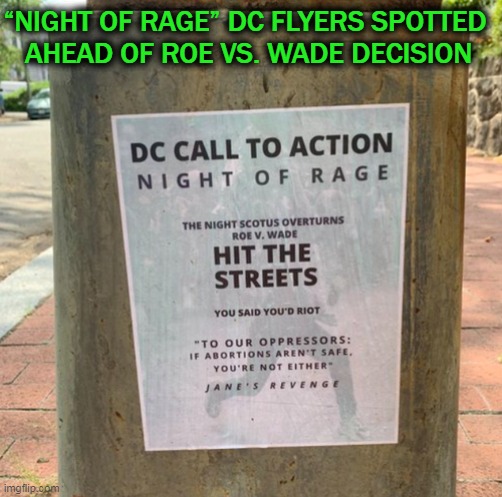 Do LAWS apply only if you agree with them? | “NIGHT OF RAGE” DC FLYERS SPOTTED 
AHEAD OF ROE VS. WADE DECISION | image tagged in conservatives,politics,law and order,laws,liberal logic,emotional | made w/ Imgflip meme maker
