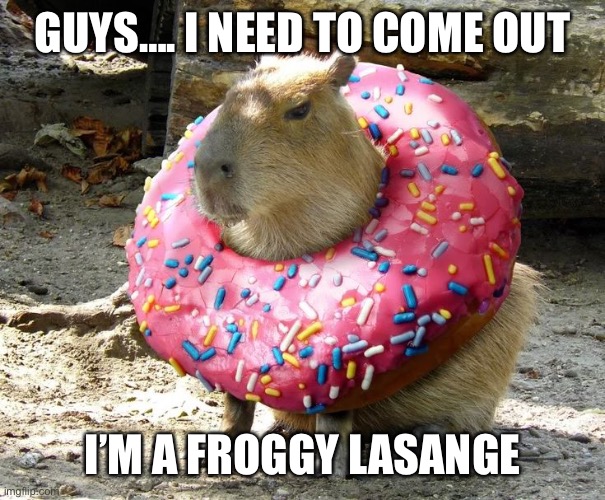SHOCKINGGG | GUYS…. I NEED TO COME OUT; I’M A FROGGY LASANGE | image tagged in coconut dog | made w/ Imgflip meme maker