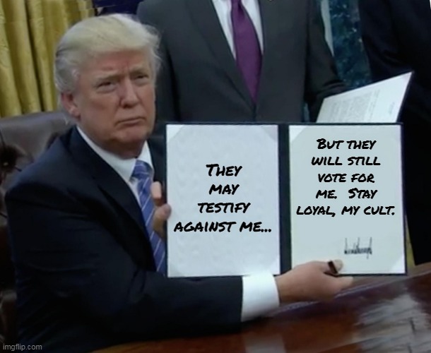 Trump Cult | But they will still vote for me.  Stay loyal, my cult. They may testify against me... | image tagged in memes,trump bill signing | made w/ Imgflip meme maker