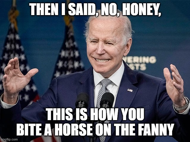 Then I said no, honey, this is how you bite a horse on the fanny | THEN I SAID, NO, HONEY, THIS IS HOW YOU BITE A HORSE ON THE FANNY | image tagged in i once told a lie this big | made w/ Imgflip meme maker