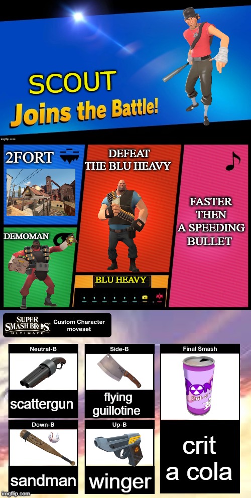 scout jumps into battle chuckle nut's | SCOUT; DEFEAT THE BLU HEAVY; 2FORT; FASTER THEN A SPEEDING BULLET; DEMOMAN; BLU HEAVY; flying guillotine; scattergun; crit a cola; winger; sandman | image tagged in smash ultimate new fighter template | made w/ Imgflip meme maker