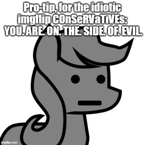 Npc pony | Pro-tip, for the idiotic imgflip COnSeRVaTiVEs:
 YOU. ARE. ON. THE. SIDE. OF. EVIL. | image tagged in npc pony | made w/ Imgflip meme maker