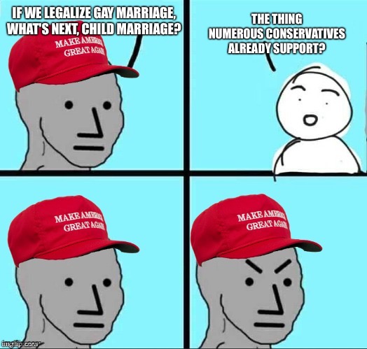 MAGA NPC (AN AN0NYM0US TEMPLATE) | THE THING NUMEROUS CONSERVATIVES ALREADY SUPPORT? IF WE LEGALIZE GAY MARRIAGE, WHAT'S NEXT, CHILD MARRIAGE? | image tagged in maga npc an an0nym0us template | made w/ Imgflip meme maker