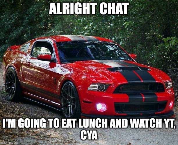 Mustang | ALRIGHT CHAT; I'M GOING TO EAT LUNCH AND WATCH YT,
CYA | made w/ Imgflip meme maker