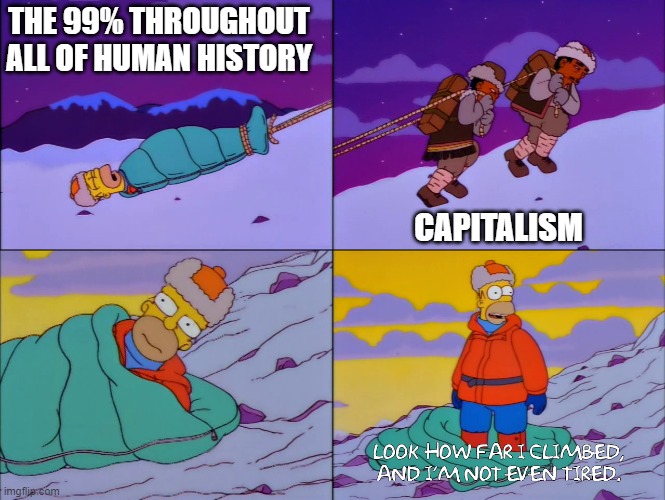 Homer up the mountain | THE 99% THROUGHOUT ALL OF HUMAN HISTORY; CAPITALISM | image tagged in homer up the mountain | made w/ Imgflip meme maker