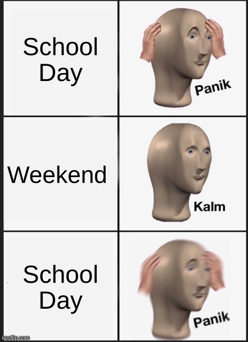 Panik Kalm Panik Meme | School Day; Weekend; School Day | image tagged in memes,panik kalm panik | made w/ Imgflip meme maker