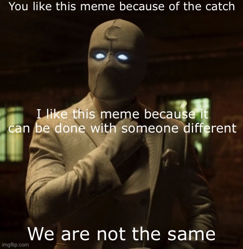 Mr Knight We are not the same | You like this meme because of the catch; I like this meme because it can be done with someone different; We are not the same | image tagged in mr knight we are not the same | made w/ Imgflip meme maker