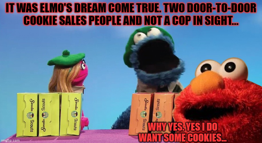 Come right in... | IT WAS ELMO'S DREAM COME TRUE. TWO DOOR-TO-DOOR COOKIE SALES PEOPLE AND NOT A COP IN SIGHT... WHY YES. YES I DO WANT SOME COOKIES... | image tagged in elmo,sesame street,girl scout cookies,cookie,victims | made w/ Imgflip meme maker
