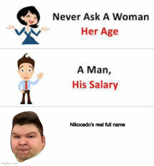 Never ask a woman her age | Nikocado’s real full name | image tagged in never ask a woman her age | made w/ Imgflip meme maker