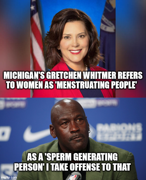 This Nonsense Should Stop | MICHIGAN'S GRETCHEN WHITMER REFERS TO WOMEN AS 'MENSTRUATING PEOPLE'; AS A 'SPERM GENERATING PERSON' I TAKE OFFENSE TO THAT | image tagged in govenor gretchen whitmer,menstrating,triggered liberal,idiocracy | made w/ Imgflip meme maker