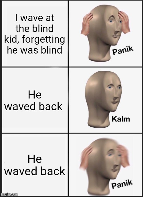 WHAT THE F-?!?!?! | I wave at the blind kid, forgetting he was blind; He waved back; He waved back | image tagged in memes,panik kalm panik | made w/ Imgflip meme maker