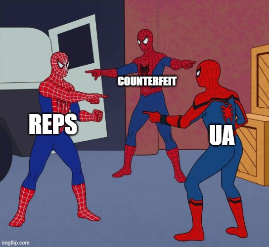 Spider Man Triple | COUNTERFEIT; REPS; UA | image tagged in spider man triple | made w/ Imgflip meme maker