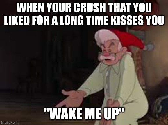 WHEN YOUR CRUSH THAT YOU LIKED FOR A LONG TIME KISSES YOU; "WAKE ME UP" | image tagged in pinnochio | made w/ Imgflip meme maker