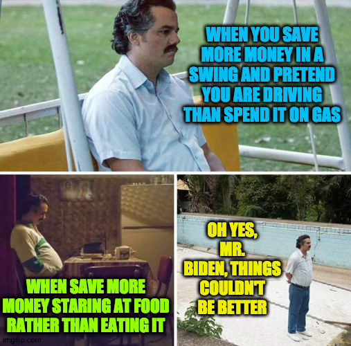 Pretending is cheaper | WHEN YOU SAVE MORE MONEY IN A SWING AND PRETEND YOU ARE DRIVING THAN SPEND IT ON GAS; OH YES, MR. BIDEN, THINGS COULDN'T BE BETTER; WHEN SAVE MORE MONEY STARING AT FOOD RATHER THAN EATING IT | image tagged in memes,sad pablo escobar | made w/ Imgflip meme maker