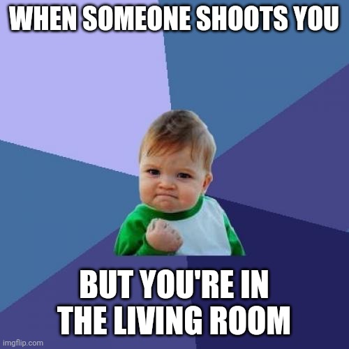 Success Kid | WHEN SOMEONE SHOOTS YOU; BUT YOU'RE IN THE LIVING ROOM | image tagged in memes,success kid | made w/ Imgflip meme maker