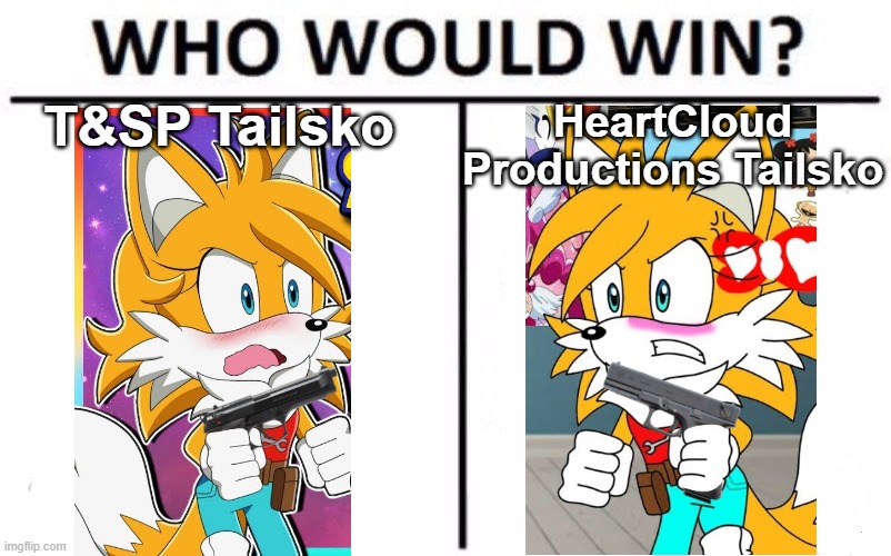 Yes, there are more versions of Tailsko |  T&SP Tailsko; HeartCloud Productions Tailsko | image tagged in memes,who would win,female,tails the fox,guns,imminent battle | made w/ Imgflip meme maker
