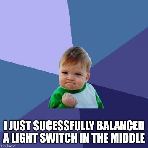 I FINNALLY DID IT! | I JUST SUCESSFULLY BALANCED A LIGHT SWITCH IN THE MIDDLE | image tagged in memes,success kid | made w/ Imgflip meme maker