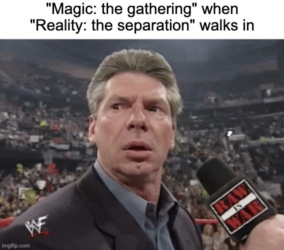 if anybody is wondering it's just a deck of cards | "Magic: the gathering" when "Reality: the separation" walks in | image tagged in blank white template,x when y walks in,memes,funny,funny memes,mtg | made w/ Imgflip meme maker