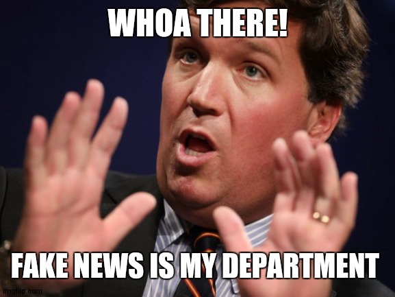 Tucker Fucker | WHOA THERE! FAKE NEWS IS MY DEPARTMENT | image tagged in tucker fucker | made w/ Imgflip meme maker