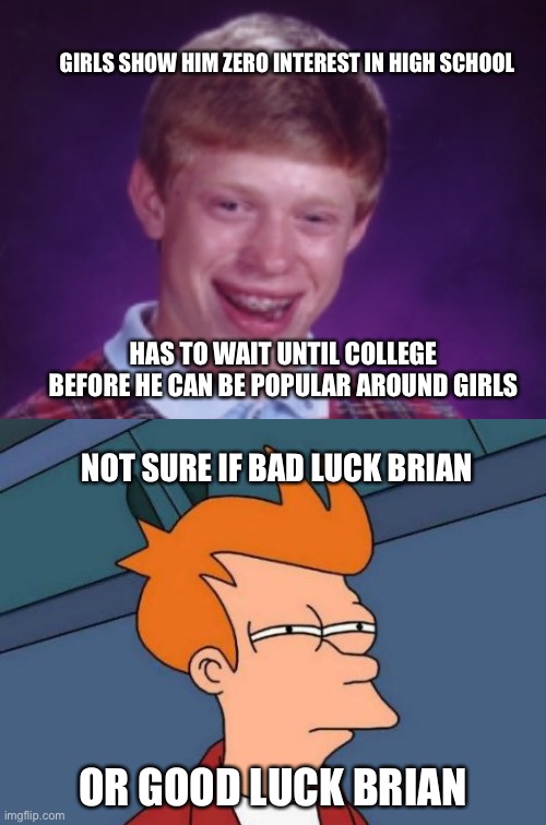 Image tagged in funny,girls,college,futurama fry,bad luck brian - Imgflip