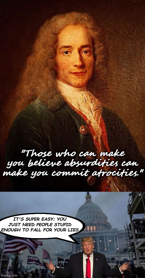 "Those who can make you believe absurdities can make you commit atrocities."; IT'S SUPER EASY; YOU JUST NEED PEOPLE STUPID ENOUGH TO FALL FOR YOUR LIES | image tagged in voltaire,misconstrued coup | made w/ Imgflip meme maker