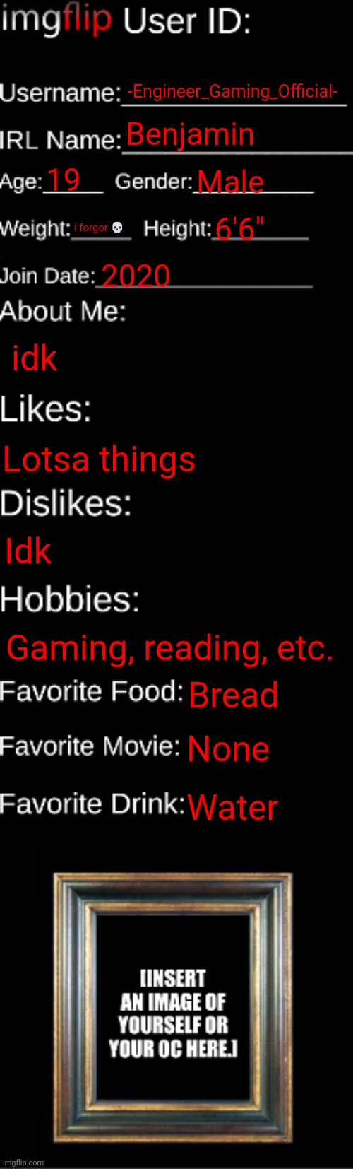 imgflip ID Card | -Engineer_Gaming_Official-; Benjamin; 19; Male; i forgor 💀; 6'6"; 2020; idk; Lotsa things; Idk; Gaming, reading, etc. Bread; None; Water | image tagged in imgflip id card | made w/ Imgflip meme maker