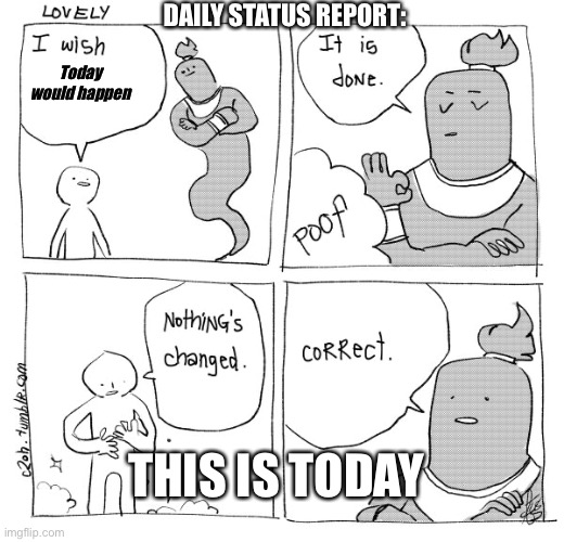 I Wish Genie Nothing's Changed |  DAILY STATUS REPORT:; Today would happen; THIS IS TODAY | image tagged in i wish genie nothing's changed,daily,status,report | made w/ Imgflip meme maker