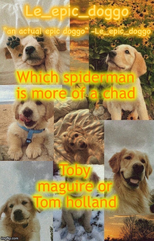 Doggo temp by doggo. Wait what that’s confusing | Which spiderman is more of a chad; Toby maguire or Tom holland | image tagged in doggo temp by doggo wait what that s confusing | made w/ Imgflip meme maker