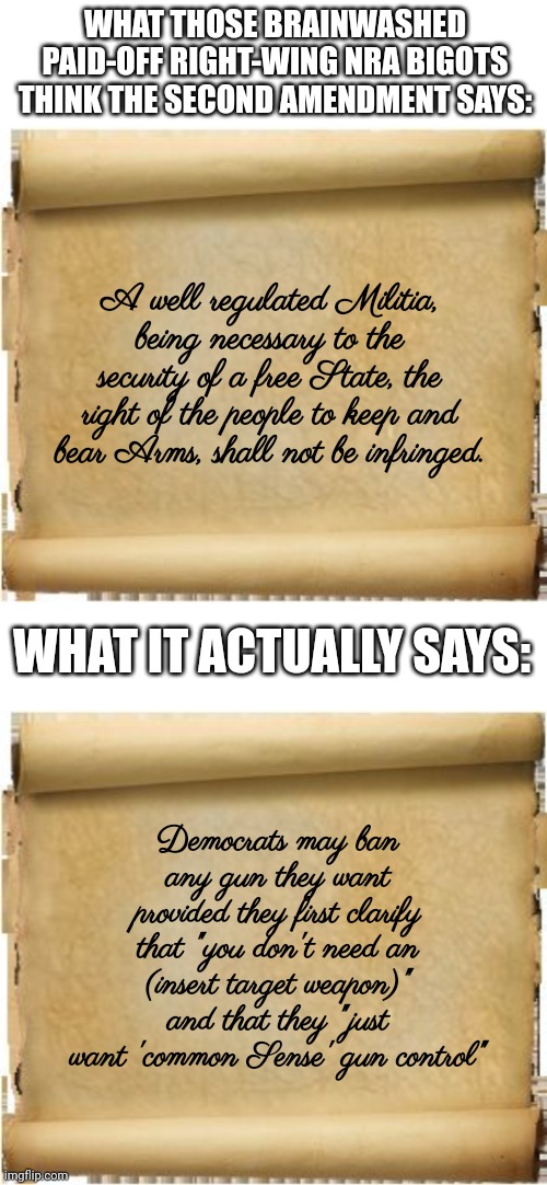 What Democrats actually believe... | WHAT THOSE BRAINWASHED PAID-OFF RIGHT-WING NRA BIGOTS THINK THE SECOND AMENDMENT SAYS:; A well regulated Militia, being necessary to the security of a free State, the right of the people to keep and bear Arms, shall not be infringed. WHAT IT ACTUALLY SAYS:; Democrats may ban any gun they want provided they first clarify that "you don't need an (insert target weapon)" and that they "just want 'common Sense' gun control" | image tagged in 2nd amendment,gun control,let's go brandon,democrats,politics,liberal logic | made w/ Imgflip meme maker