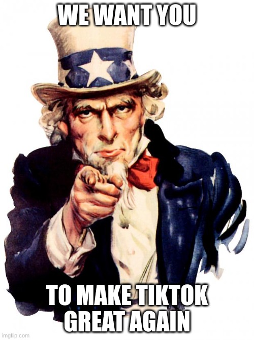 There's too many cringy dance challenges and not enough animation | WE WANT YOU; TO MAKE TIKTOK GREAT AGAIN | image tagged in memes,uncle sam | made w/ Imgflip meme maker