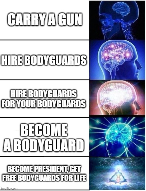Why don't people do this? | CARRY A GUN; HIRE BODYGUARDS; HIRE BODYGUARDS FOR YOUR BODYGUARDS; BECOME A BODYGUARD; BECOME PRESIDENT, GET FREE BODYGUARDS FOR LIFE | image tagged in expanding brain 5 panel,self defense | made w/ Imgflip meme maker