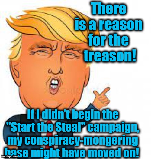 Start the Steal | There is a reason for the
 treason! If I didn’t begin the "Start the Steal" campaign, my conspiracy-mongering base might have moved on! | image tagged in maga,donald trump approves,trump,right wing,trump to gop,january 6th | made w/ Imgflip meme maker