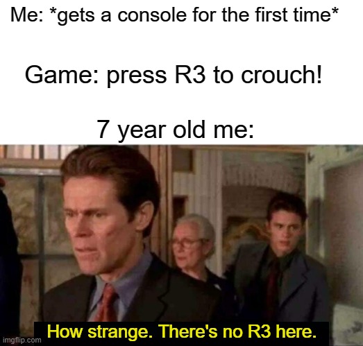 how strange |  Me: *gets a console for the first time*; Game: press R3 to crouch! 7 year old me:; How strange. There's no R3 here. | image tagged in how strange there's nobody here | made w/ Imgflip meme maker