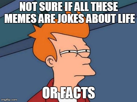 Futurama Fry | NOT SURE IF ALL THESE MEMES ARE JOKES ABOUT LIFE OR FACTS | image tagged in memes,futurama fry | made w/ Imgflip meme maker