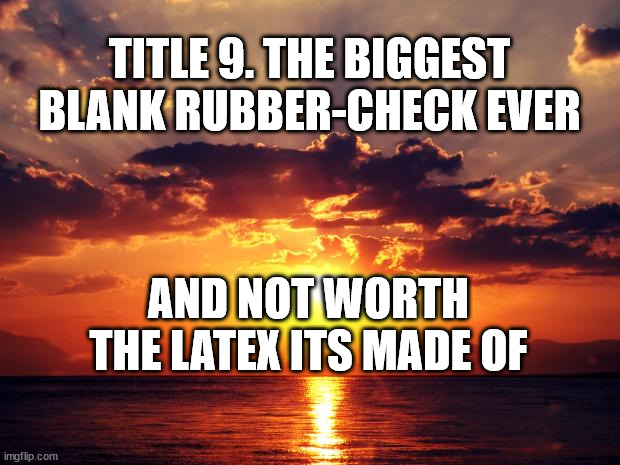 Sunset |  TITLE 9. THE BIGGEST BLANK RUBBER-CHECK EVER; AND NOT WORTH THE LATEX ITS MADE OF | image tagged in sunset | made w/ Imgflip meme maker