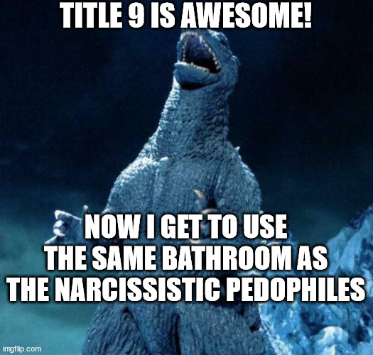 Laughing Godzilla |  TITLE 9 IS AWESOME! NOW I GET TO USE THE SAME BATHROOM AS THE NARCISSISTIC PEDOPHILES | image tagged in laughing godzilla | made w/ Imgflip meme maker