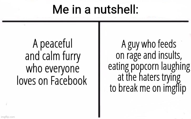 I have two sides | Me in a nutshell:; A peaceful and calm furry who everyone loves on Facebook; A guy who feeds on rage and insults, eating popcorn laughing at the haters trying to break me on imgflip | made w/ Imgflip meme maker