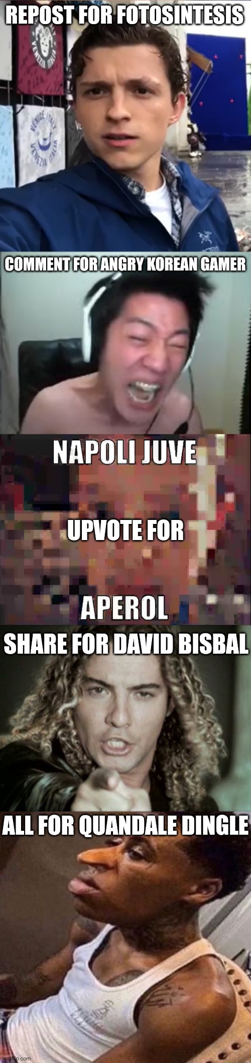 REPOST FOR FOTOSINTESIS; COMMENT FOR ANGRY KOREAN GAMER; UPVOTE FOR; SHARE FOR DAVID BISBAL; ALL FOR QUANDALE DINGLE | image tagged in tom holland fotosintesis,angry korean gamer rage,napoli juve aperol,david bisbal pointing at you,quandale dingle | made w/ Imgflip meme maker
