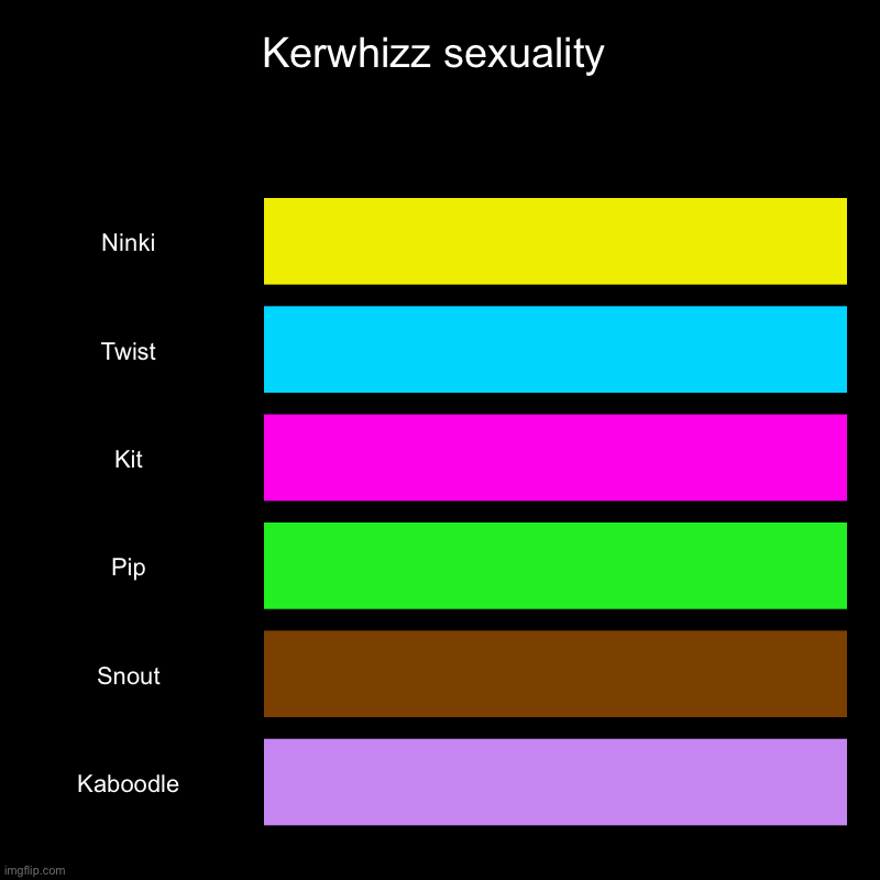 I don’t even know what I’m doing (plus that’s the flag but as the k in there) | Kerwhizz sexuality | Ninki, Twist, Kit, Pip, Snout, Kaboodle | image tagged in charts,bar charts,help | made w/ Imgflip chart maker