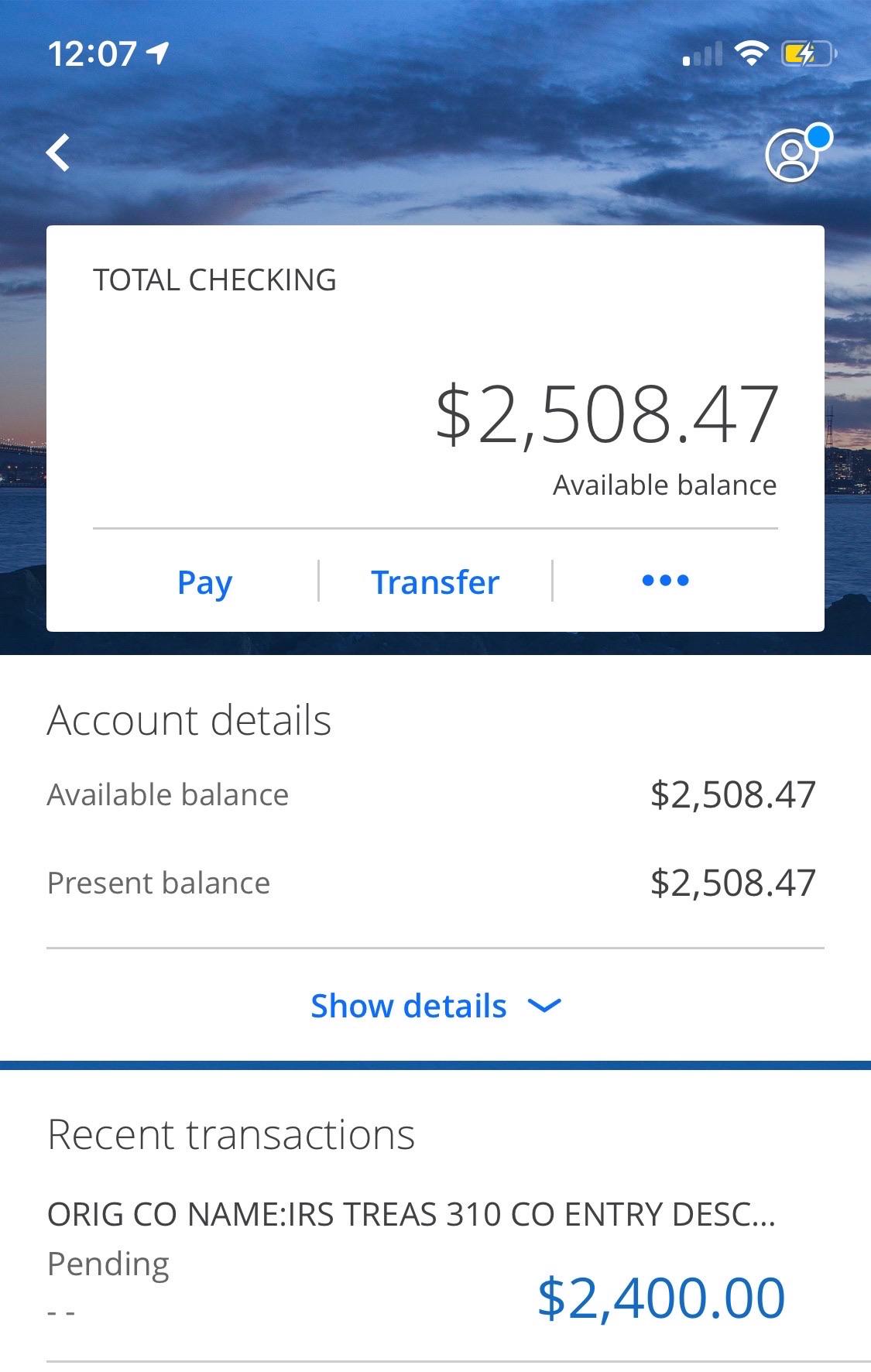 bank account balance screenshot