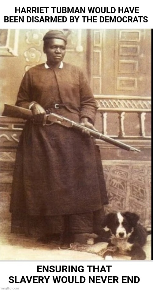 Harriet Tubman |  HARRIET TUBMAN WOULD HAVE BEEN DISARMED BY THE DEMOCRATS; ENSURING THAT SLAVERY WOULD NEVER END | image tagged in harriet tubman,gun control,slavery | made w/ Imgflip meme maker