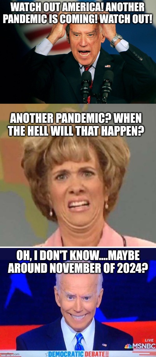 Biden is going from incompetent to evil right before our eyes. And you voted for him. Enjoy! |  WATCH OUT AMERICA! ANOTHER PANDEMIC IS COMING! WATCH OUT! ANOTHER PANDEMIC? WHEN THE HELL WILL THAT HAPPEN? OH, I DON'T KNOW....MAYBE AROUND NOVEMBER OF 2024? | image tagged in joe biden,disgusted kristin wiig,flying,covid-19,election,cheating | made w/ Imgflip meme maker