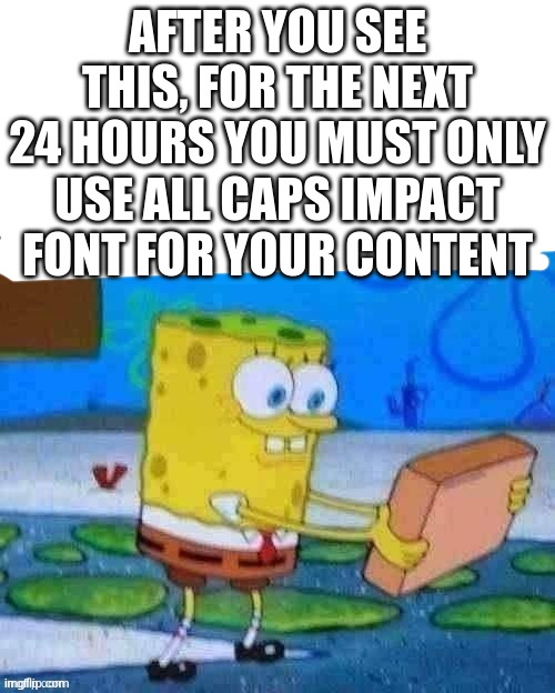 AFTER YOU SEE THIS, FOR THE NEXT 24 HOURS YOU MUST ONLY USE ALL CAPS IMPACT FONT FOR YOUR CONTENT | made w/ Imgflip meme maker