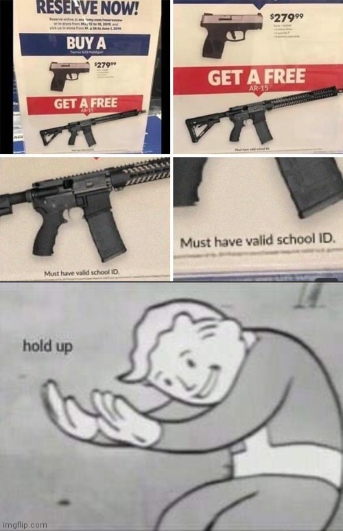Wait this should be illegal... | image tagged in fallout hold up,wait a minute,guns,wtf,cursed image | made w/ Imgflip meme maker